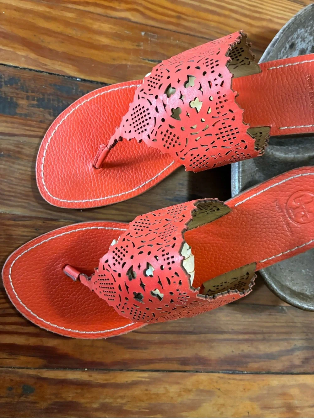 Tory Burch Orange Laser-Cut Leather Thong Sandals
